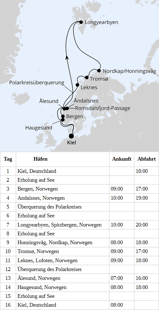 AIDAluna am vom 25.06.2028 bis 10.07.2028, Norwegen mit Spitzbergen & Lofoten ab Kiel
